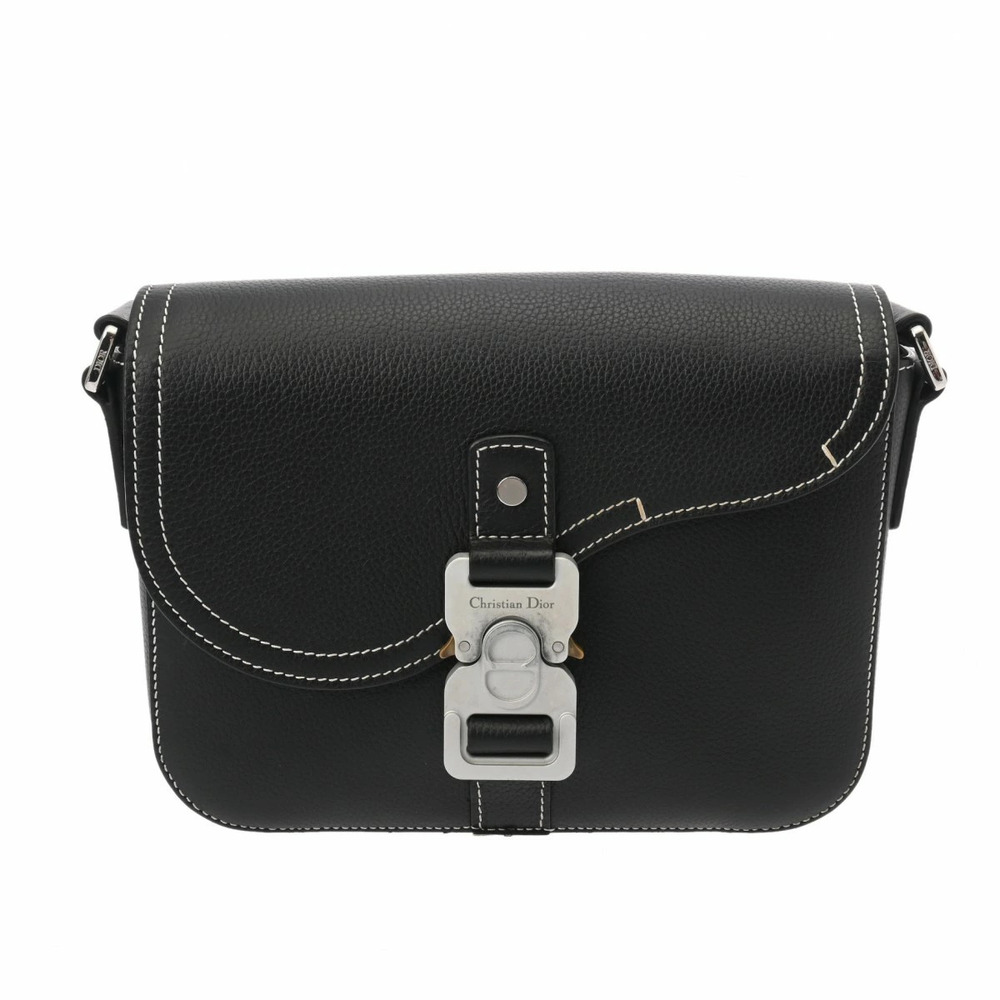 CHRISTIAN DIOR Saddle Flap Messenger Bag Black Grained Calfskin Shoulder